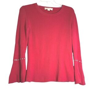 Michael Kors Red Ribbed‎ Bell Sleeve Sweater Rhinestone Embellished, BOHO Size L